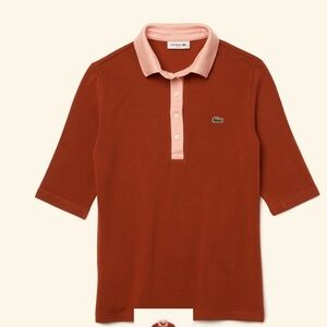 Women’s Lacoste Slim Fit Cotton Polo Shirt Pink & Brown 3/4 Sleeve Sz 38